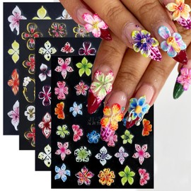 4 Sheets Embossed Flower Nail Stickers for Nail Art 5D Self-Adhesive Summer Floral Nail Art Stickers Colorful Hibiscus Nail Decals for Women Flowers Nail Design Decoration Supplies
