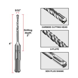 SALI SDS Plus Rotary Hammer Drill Bit 10 Pcs 5/32"*4" Concrete Drill Bit Kit Cross-Type Double Thread Carbide Material Suitable for Concrete, Brick, Cement Walls, Stone, Hammer Drill Bits for Concrete