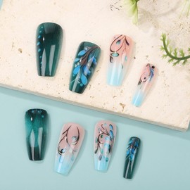 Square Press on Nails Medium Coffin Fake Nails with Designs Green Leaf Glue on Nails Blue French Acrylic False Nails Glossy Artificial Nails Full Cover Stick on Nails for Coquette Women