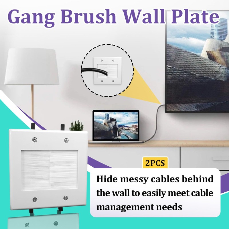 2PCS 2 Gang Brush Wall Plate for Coaxial Cable, HDMI,