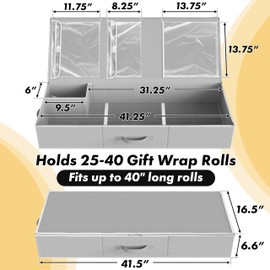 Simple Houseware Wrapping Paper Organizer - Under Bed Storage for 25-40 Rolls Gift Wrapping Paper, Gift Bags, Ribbons, 41.5''L x 16''W, Gray