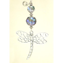 Large Silvery Metal Dragonfly and Faceted Pale Purple-Blue Glass Ceiling Fan Pull / Light Pull
