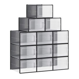 SONGMICS Shoe Boxes, Pack of 12 Shoe Storage Organizers, Stackable Clear Plastic Boxes for Closet, Sneakers, 9.8 x 13.8 x 7.3 Inches, Fit up to US Size 9.5, Transparent and Black ULSP007B12