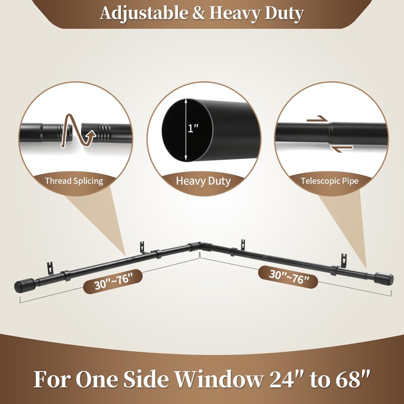 Anndason Heavy Duty 1 Inch Corner Curtain Rods Set 30-76