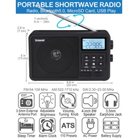 ZHIWHIS Shortwave Radio with Bluetooth, AM FM SW Portable Receiver by 4 AA Batteries, 4 inch Large Speaker/External Antenna Port/Presets/Start Timer/Sleep Timer, Support USB/Micro SD for Home ZWS-206