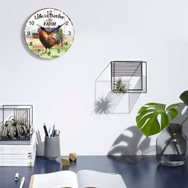 LetusZhogo Vintage Rooster Farmhouse Wall Clock Life is Better on The Farm Round Kitchen Clock 10 in Non-Ticking Silent Battery Operated Quartz Clocks Decorative Living Room Bedroom Home Art Decor