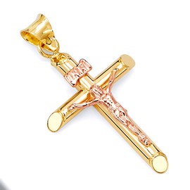 TWJC 14k REAL Two Tone Gold Religious Crucifix Jesus Cross Charm Pendant (35 x 15 mm)
