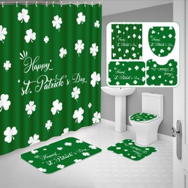 Tieshankao 4PCS St. Patrick's Day Shamrock Shower Curtain Rug Toilet Lid Cover Bathroom Set Clover Holiday Decor with 12 Hooks