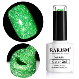 RARJSM Green Gel Nail Polish, 7.5ml 0.25Floz Reflective Gel Nail Polish Glitter Gel Polish Summer Candy Collection Diamond Shimmer Neon Green Nail Gel for Starter Nail DIY UV LED Lamp Required