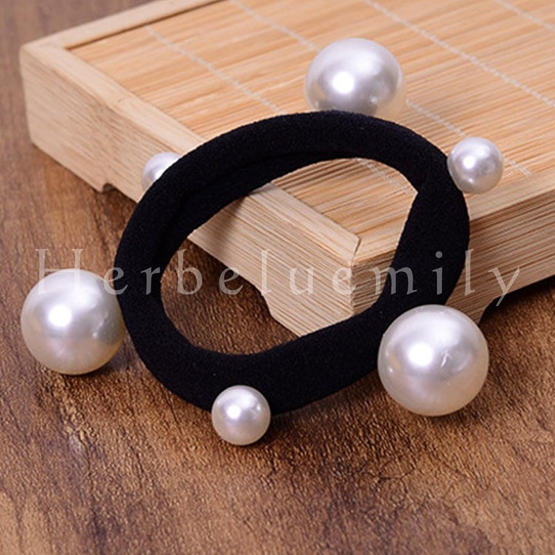 [Herbeluemily] ヘアゴム ヘアアクセサリー パール 黒ゴム ジャージヘアゴム ソフトヘアゴム 韓国風 3個セット