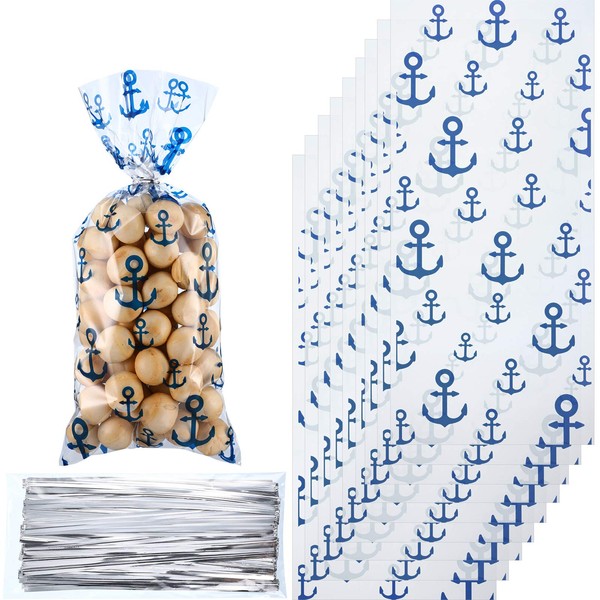 100 Pieces Nautical Anchors Party Bags Nautical Candy Cellophane Bags Heat Sealable Treat Bags with 100 Pieces Gift Twist Ties for Nautical Beach Decoration Themed Party(Blue, Red) (Blue)