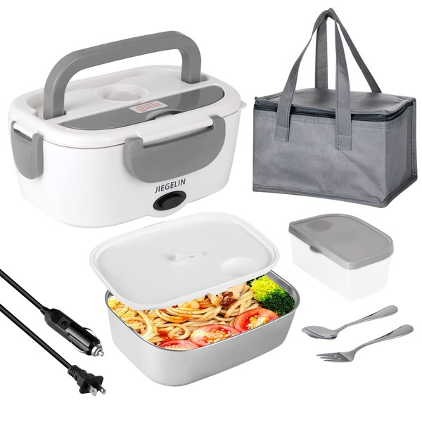 JIEGELIN Electric Lunch box food heater 2-in-1,12V/24V/110V/220V portable heating lunch box for cars and homes,stainless steel container fork and Spoon and portable bag (Grey)