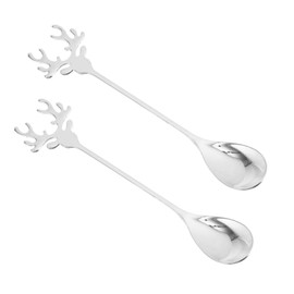 FUNOMOCYA 2 x Christmas Spoons, Mixing Spoons, Holiday Coffee Spoons, Christmas Dessert Spoons, Elk Spoons, Stirrers for Christmas Drinks, Cocktail Spoons, Tableware Spoons, Silver, Stainless Steel