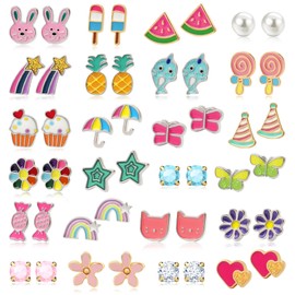 24 Pairs Hypoallergenic Stud Earrings Set for Girls Cute Stainless Steel Earrings Fun Todder kids Stud Earrings Butterfly Flower Rainbow Earring for Little Girls