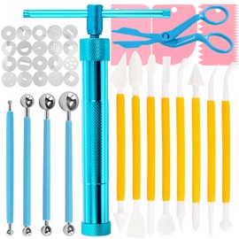 Swpeet 36 piezas de pistola extrusora de arcilla azul, extrusora de pasta de azúcar, pistola de escultura de tartas, herramienta de punteado de bola con raspador de plástico, suministros de decoración de pasteles herramienta de modelado