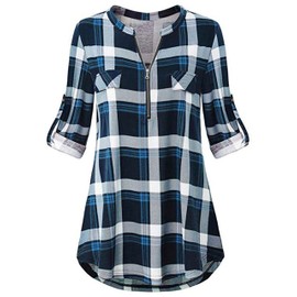 Odosalii Womens Zip Up Plaid Tunic Blouse Rolled Up Sleeve Polo Top Check Shirts, #1blue, XL