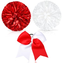 Set of 3 12 Inch Cheerleading Pom Poms and Large Cheerleader Ponytail Bow Holder for Girl Large Metallic Cheerleader Pom Poms for Sports Team Cheering (Red and White)