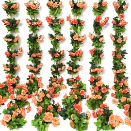JUSTOYOU 6pcs 47.2FT Artificial Garland Flower Vines,Double Color Fake Rose Hanging Silk Flowers Artificial Flower for Outdoor Indoor Wedding Wall Badroom Decoration (6, Orange)