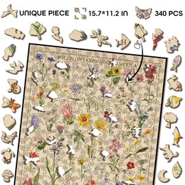 Vintage Wooden Wildflowers Puzzle 340 Pieces for Adult, Botany Plant Flower Puzzle of Wildflowers of North America, Floral Wooden Jigsaw Puzzles Nature, 15.7 * 11.2 in