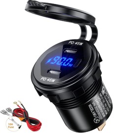 Thlevel KFZ Ladegerät Type C Steckdose 12V / 24V 90W Auto Ladegerät Dual Port PD Typ C mit LED Digital Voltmeter Anzeige und Schalter Handy Schnellladung Wasserdicht für KFZ Fahrzeuge Boot Motorrad