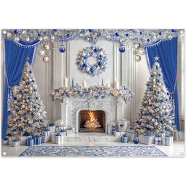 YCUCUEI 7x5ft Fabric Blue Christmas Fireplace Backdrop