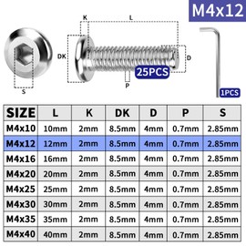 TXXATX Pack of 25 M4 Flat Head Screws M4 x 12 mm Stainless Steel 304 Rounded Head Screws Hexagon Socket Full Thread with Wrench Bit Machine Screws for Assembly Maintenance