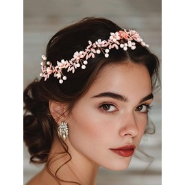 IYOU Crystal Bridal Hair Vines Leaf Rose Gold Wedding Headband Pearl Flower Bride Bridesmaid Hair Accessories for Women
