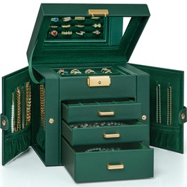 AKOZLIN 4-Tier Jewelry Box Leather Jewelry Storage Organizer with 3 Drawers Lockable for Women Girls Ring Necklace Earring Bracelet Holder with Mirror Forest Green