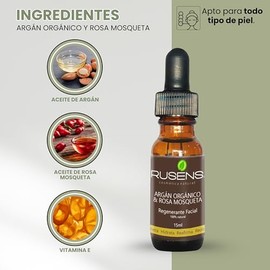 Rusens - Aceite Regenerante y Antiedad de Argán Orgánico y Rosa mosqueta 100% natural, Disminuye Líneas de Expresión y Regenera la Piel