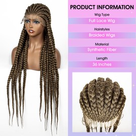 Syhthetic Braid Wigs for Black Women Double Full Head Lace 36 Inches Cornrow Light Brown Braided Wigs with Baby Hair HD Lace Frontal 11 Tracks Braided Wigs Synthetic Hair Wig (1B/27 Color)