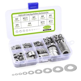 Stainless Steel Washers Set, 684 Pieces, Flat, Locking Washers Assortment, with an Assortment Box, Total 9 Different Sizes (M2 M2.5 M3 M4 M5 M6 M8 M10 M12)