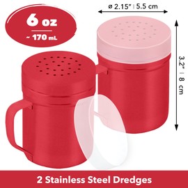 6oz Red Stainless Steel Salt Pepper Dredge Shakers - with Plastic Cap - with Handle - Pack of 2