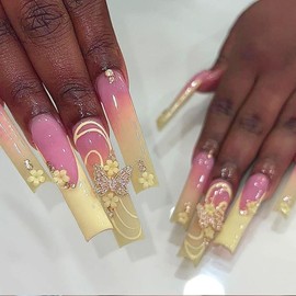 DOCVOEOMH Press on Nails Long Coffin French Tips Yellow Fake Nails with 3D Butterfly Flower Design Full Cover Acrylic False Glue Stick on Nail Artificial Gel Nails for Women Wedding Manicure 24Pcs