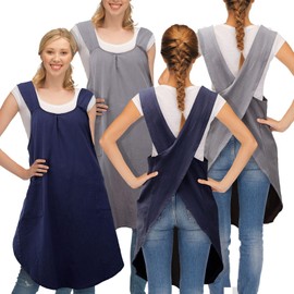 JaGely 2 Pack Japanese Linen Cross Back Kitchen Cooking Aprons for Women Men with 2 Pockets Cute Gardening Dress, Grey and Navy Blue, about 28.4 inches in length