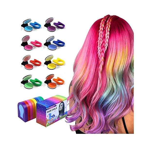 Pinkiou 8 Pcs Hair Chalk Dye, Portable Temporary Bright Hair 8 Color Dye for Girls Kids Women Gifts for Halloween Makeup Birthday DIY Washable