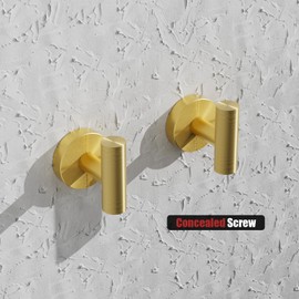 YUET 2 Pcs Bathroom Towel Hook,Screw in Metal Coat Hooks Brushed Brass Robe Hook SUS 304 Stainless Steel Heavy Duty Door Hanger Towel Robe Clothes Closet Sponges Holder for Bathroom Hotel (Gold)