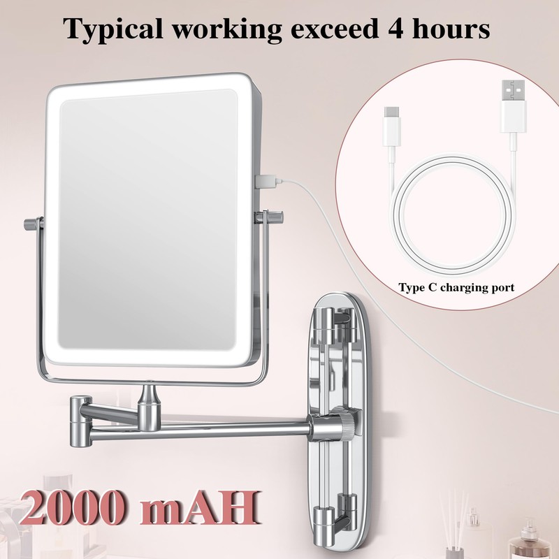 Wall Mounted Lighted Makeup Mirror, Rectangle Double Sided 1X/7X Magnifying