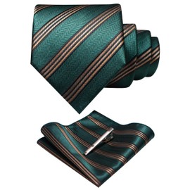 RBOCOTT Dark Green Stripe Tie Necktie and Pocket Square with Tie Clip Sets for men Party Wedding and Business