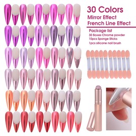 Chrome Powder for Nails Art Kit 30 Colors Pink Purple Metallic Chrome Nail Powder with Silicone Brush and Sticks Magic Mirror Rubbing Pigment for Salon Nail Art Supplies DIY Designs