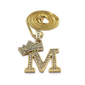 CBC Crown Rhinestone Studded Crown Initial Alphabet Letter Pendant Necklace 24" Box Chain Necklaces in Gold Tone or Silver Tone (Gold - M)