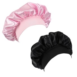 2 Pack Bonnet with Wide Elastic Band, Night Hair Bonnet for Sleeping for Women Girls, Hair Care Head Cover Elastic Hat for Black Curly Hair Showercap (Black+Pink)