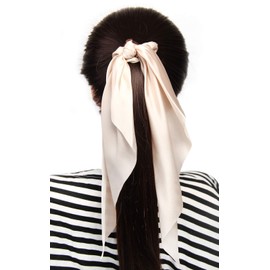 LFOUVRE Pack of 2 Knotted Bow Hair Scrunchies Elastic Hair Scarf Black Hair Ties Bands Satin Hair Ribbon Scrunchy Red Ponytail Holder for Women and Girls (Beige)