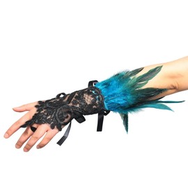 CAMDOM Steampunk Feather Cuff Gloves Vintage Lace Fingerless Bracelet, Style002 Black Blue