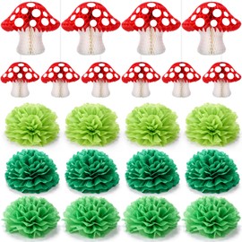 Yexiya 22 Pcs Mushroom Honeycomb and Flowers Honeycomb Ball Hanging Tissue Paper Pom Decorations for Baby Shower Party of Fairy Garden Jungle Wonderland Birthday Nursery(Green)