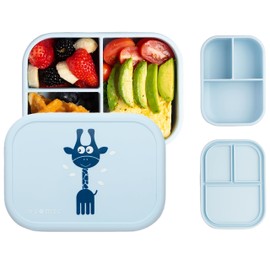ASOMIC Leakproof Silicone Bento Lunch Box Containers – BPA-Free, 3 Compartments, Microwave & Dishwasher Safe, Kids & Toddlers Lunch Box for Daycare, Preschool, and Baby Meals. (Sky Blue)