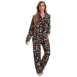 Just Love Long Sleeve Flannel Pajama Sets for Women, Black Xmas Lights - Hacci Fabric, Medium