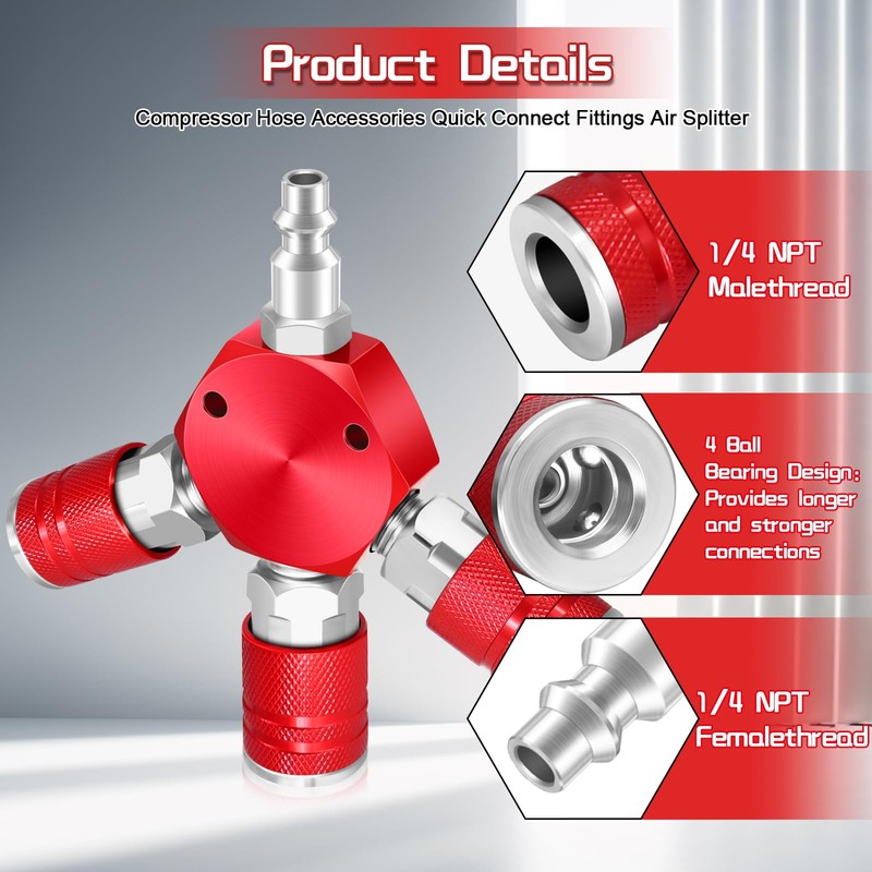 FANOVO 3 Way Air Hose Splitter,Red Air Manifold,Air Compressor Splitter