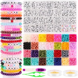 Keiby Citom 28 Colors Pearl Beads and Letter Beads Kit for Friendship Bracelet Making Kit,1960 Pcs 6mm Imitation Dyed Faux Pearl Beads with A-Z Letter Beads Elastic Strings