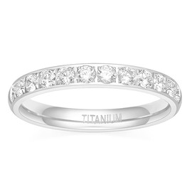 TIGRADE 3mm Womens Titanium Eternity Rings Half Cubic Zirconia Statement Wedding Engagement Band Size 3-13, Silver, Size 8