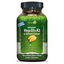 Irwin Naturals High Potency Mega D3 & K2 + Turmeric Extract - 60 Liquid Softgels - Healthy Bones & Immune Function